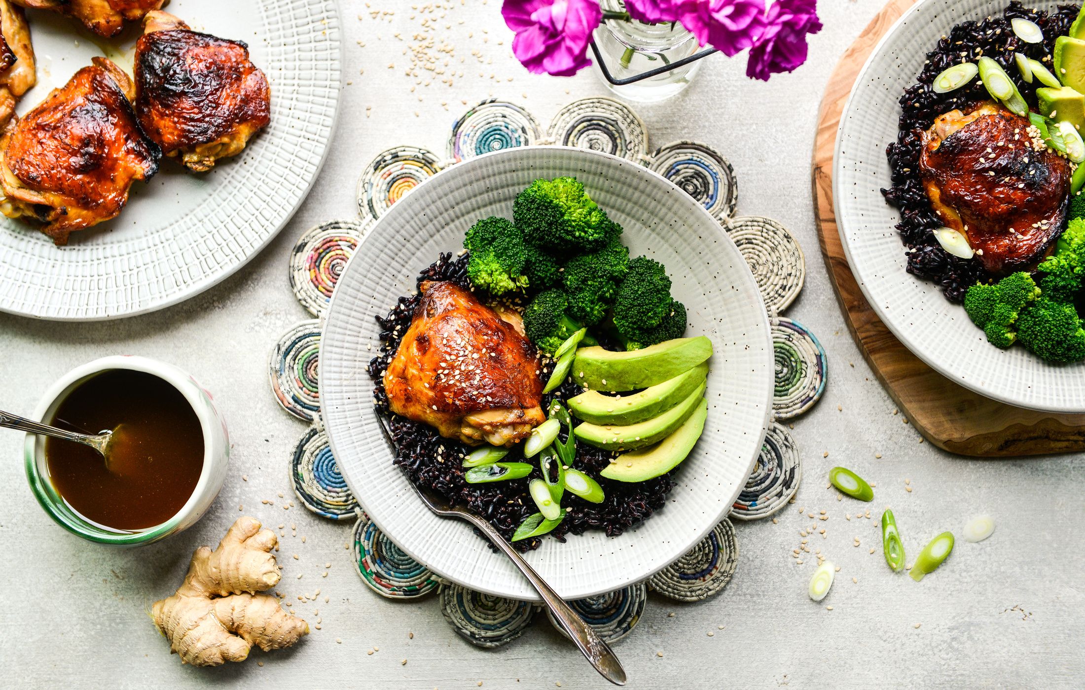 Black Rice, Roasted GingerChicken, and Broccoli Bowls Nourishing Meals®